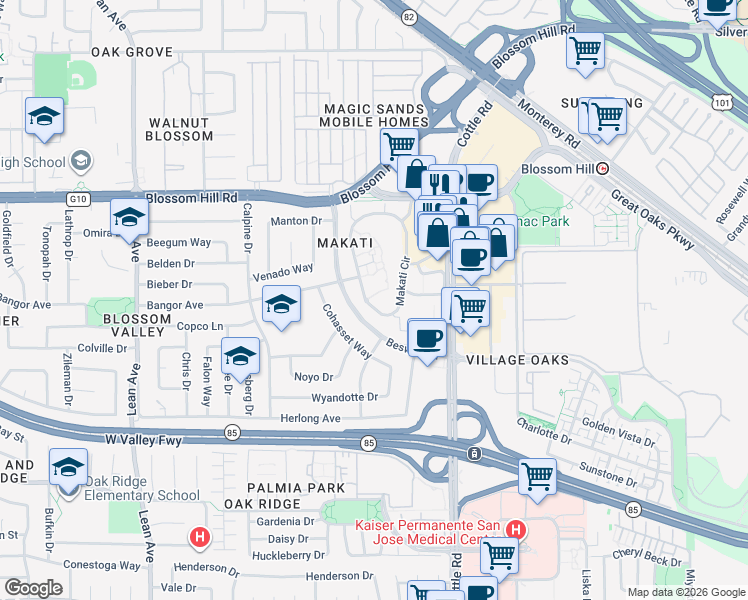 map of restaurants, bars, coffee shops, grocery stores, and more near 5688 Makati Circle in San Jose
