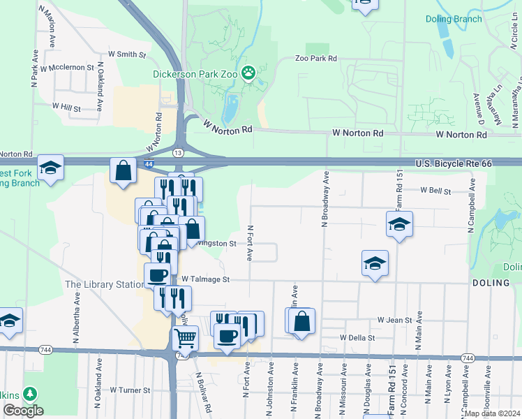 map of restaurants, bars, coffee shops, grocery stores, and more near 1226 West Kerr Street in Springfield