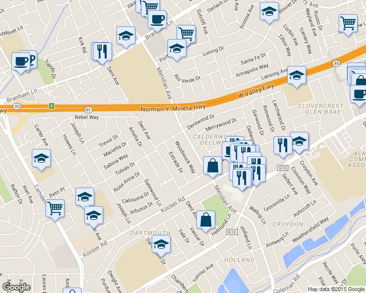 map of restaurants, bars, coffee shops, grocery stores, and more near 5278 Woodstock Way in San Jose