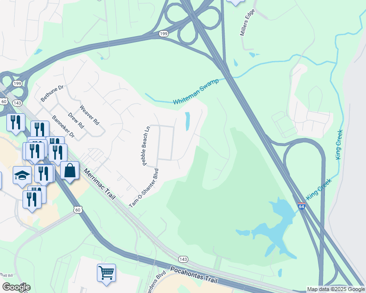 map of restaurants, bars, coffee shops, grocery stores, and more near 308 Rolling Hills Drive in Williamsburg