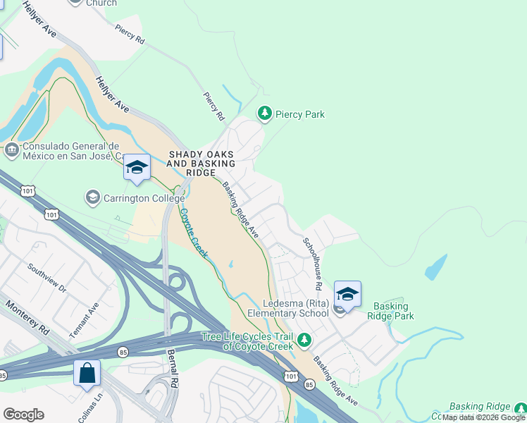 map of restaurants, bars, coffee shops, grocery stores, and more near 728 Schoolhouse Road in San Jose