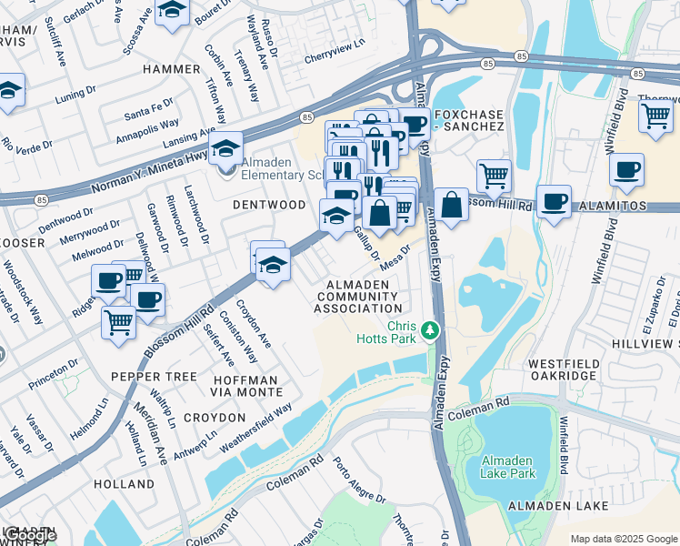 map of restaurants, bars, coffee shops, grocery stores, and more near 5650 Hoffman Court in San Jose