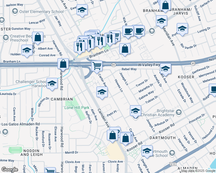 map of restaurants, bars, coffee shops, grocery stores, and more near 5066 Carter Avenue in San Jose