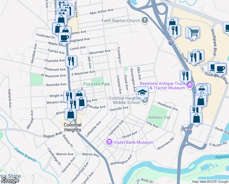 map of restaurants, bars, coffee shops, grocery stores, and more near 715 Hamilton Avenue in Colonial Heights