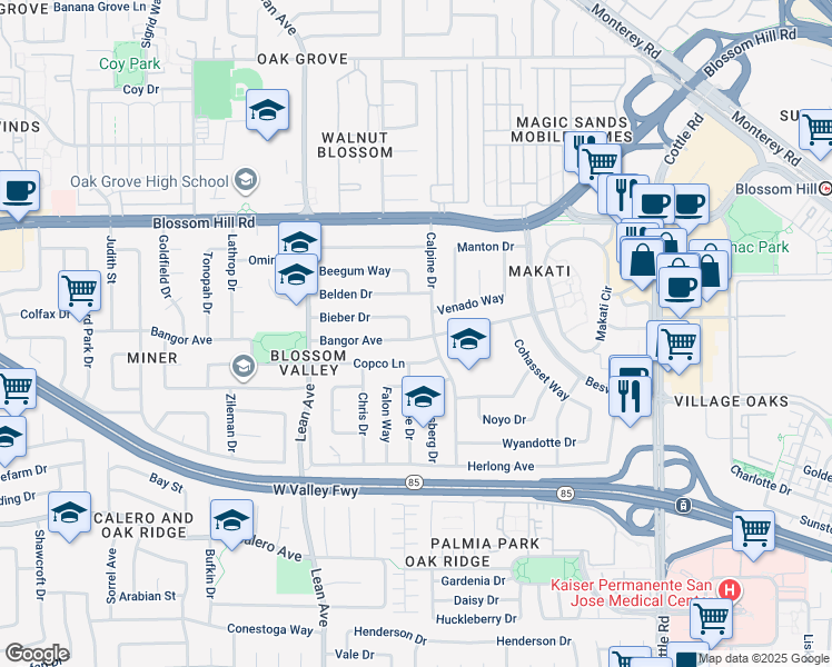 map of restaurants, bars, coffee shops, grocery stores, and more near 225 Bieber Drive in San Jose