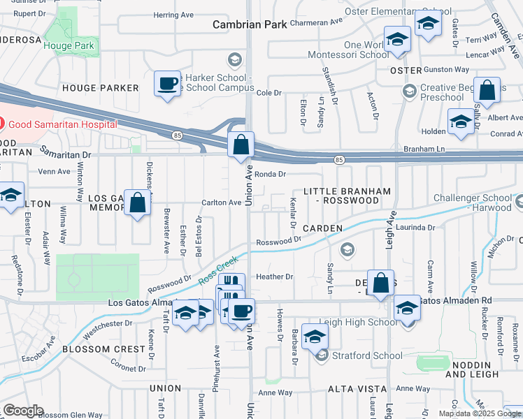 map of restaurants, bars, coffee shops, grocery stores, and more near 1897 Lakebird Drive in San Jose