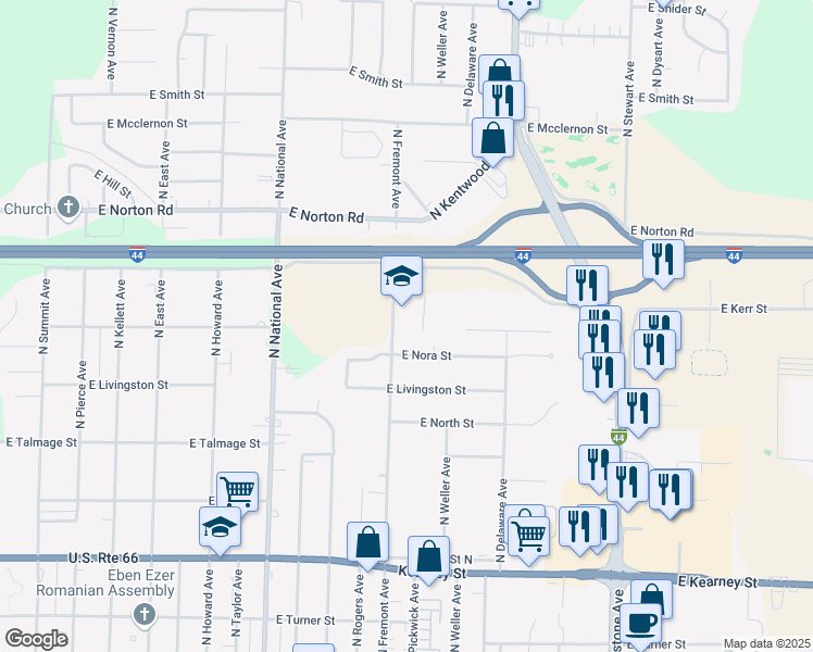 map of restaurants, bars, coffee shops, grocery stores, and more near 2814 North Fremont Avenue in Springfield