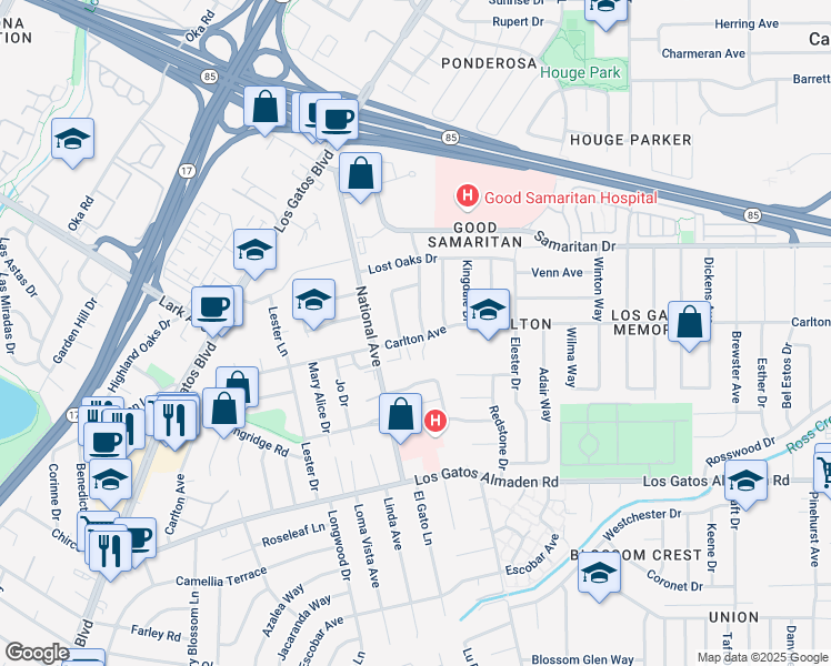 map of restaurants, bars, coffee shops, grocery stores, and more near 4899 Kinghurst Drive in San Jose