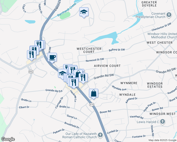 map of restaurants, bars, coffee shops, grocery stores, and more near 4730 Barclay Square in Roanoke