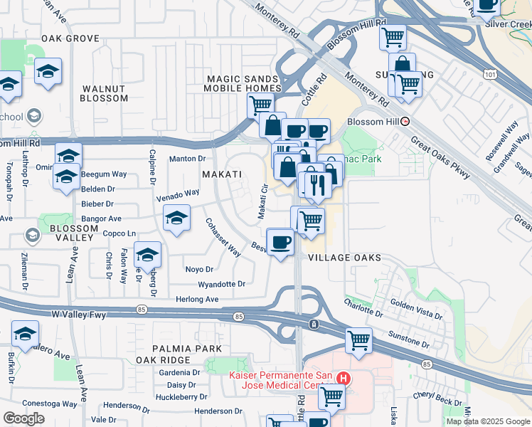 map of restaurants, bars, coffee shops, grocery stores, and more near 5701 Makati Circle in San Jose