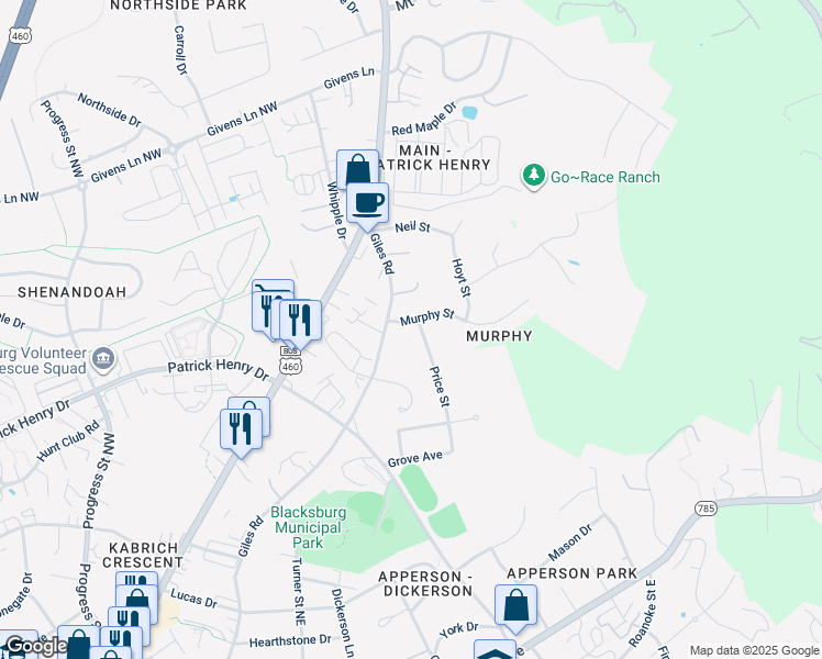 map of restaurants, bars, coffee shops, grocery stores, and more near 214 Price Street in Blacksburg