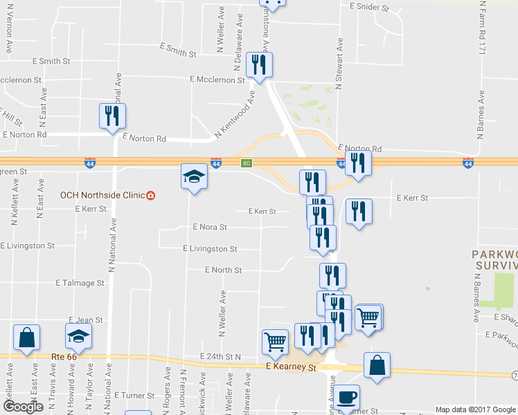 map of restaurants, bars, coffee shops, grocery stores, and more near 1551 East Kerr Street in Springfield