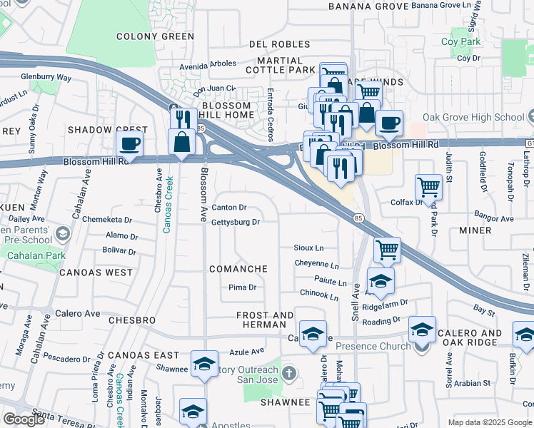 map of restaurants, bars, coffee shops, grocery stores, and more near 521 Canton Drive in San Jose