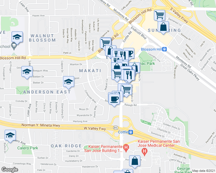 map of restaurants, bars, coffee shops, grocery stores, and more near 5701 Makati Circle in San Jose