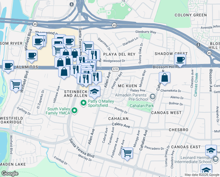 map of restaurants, bars, coffee shops, grocery stores, and more near 5684 Playa Del Rey in San Jose