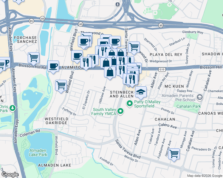 map of restaurants, bars, coffee shops, grocery stores, and more near 889 Summerbrook Lane in San Jose