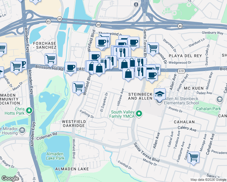 map of restaurants, bars, coffee shops, grocery stores, and more near 909 El Lisa Drive in San Jose