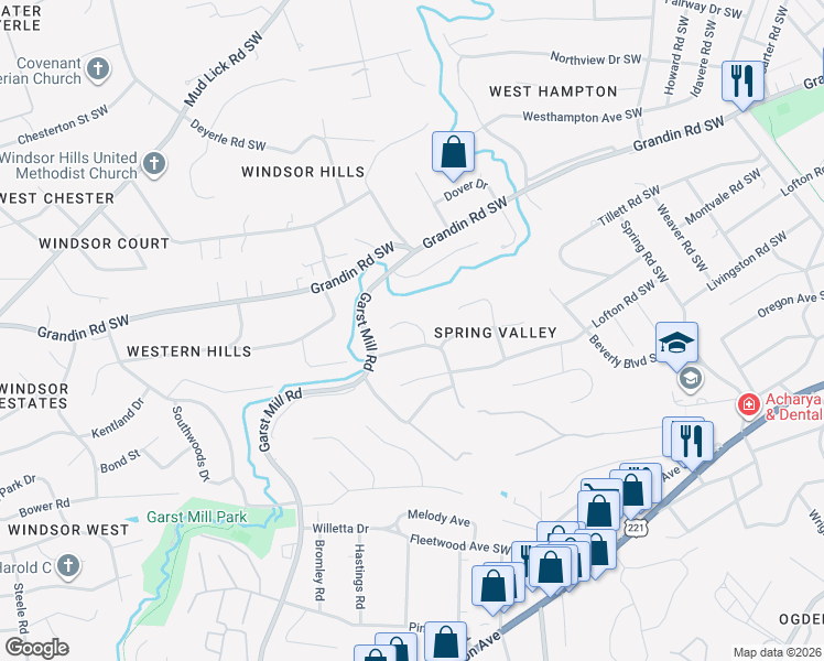 map of restaurants, bars, coffee shops, grocery stores, and more near 3334 1 Oak Rd SW in Roanoke