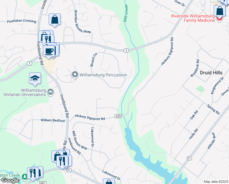 map of restaurants, bars, coffee shops, grocery stores, and more near 4792 Bristol Circle in Williamsburg