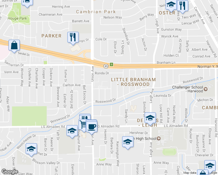 map of restaurants, bars, coffee shops, grocery stores, and more near 1965 Heimgartner Ln in San Jose