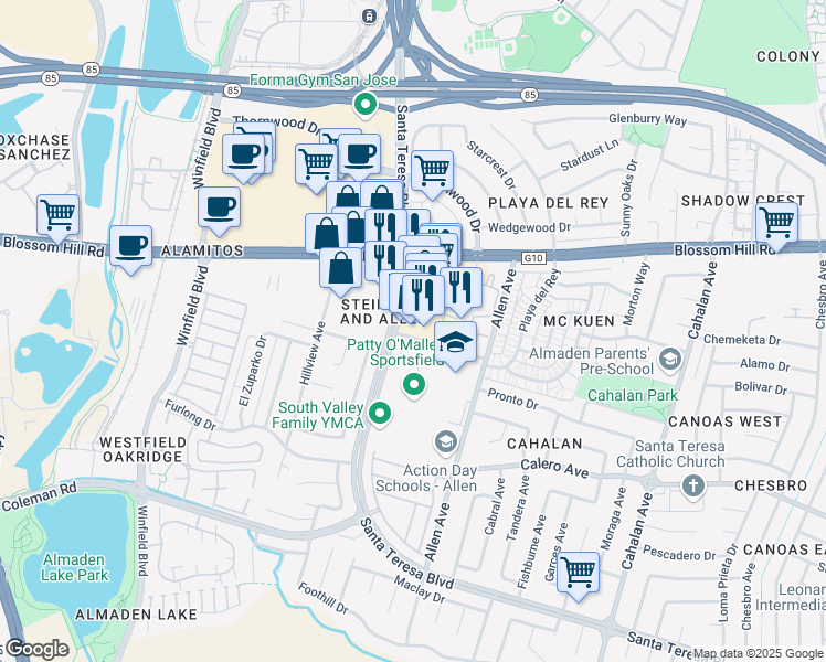 map of restaurants, bars, coffee shops, grocery stores, and more near 872 Blossom Hill Road in San Jose