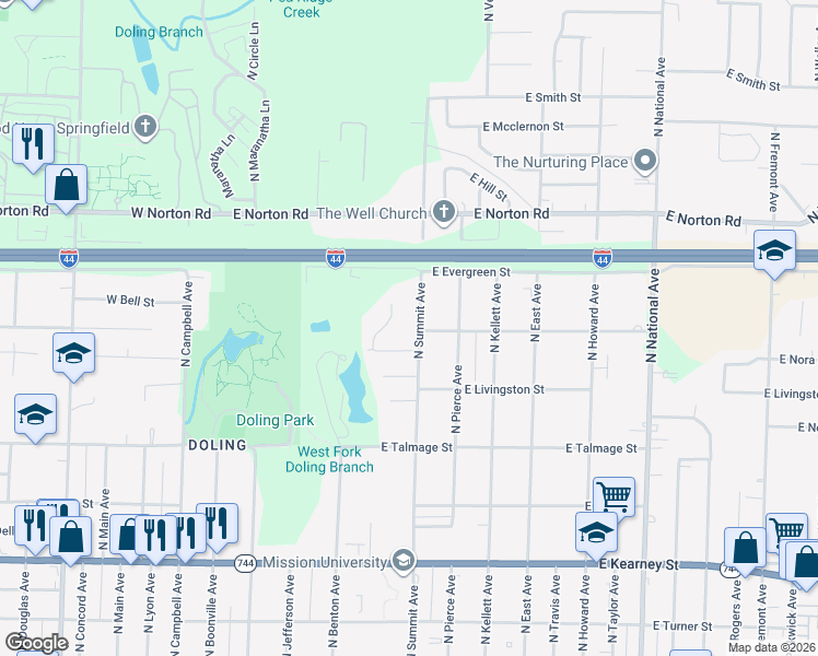 map of restaurants, bars, coffee shops, grocery stores, and more near 2800-2814 N Summit Ave in Springfield