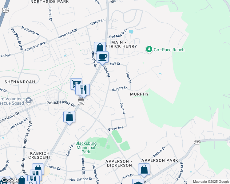 map of restaurants, bars, coffee shops, grocery stores, and more near 214 Price Street in Blacksburg