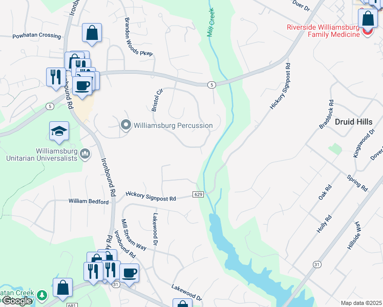 map of restaurants, bars, coffee shops, grocery stores, and more near 4792 Bristol Circle in Williamsburg