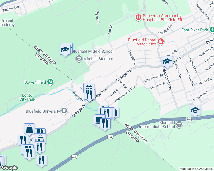 map of restaurants, bars, coffee shops, grocery stores, and more near 1816 College Ave in Bluefield