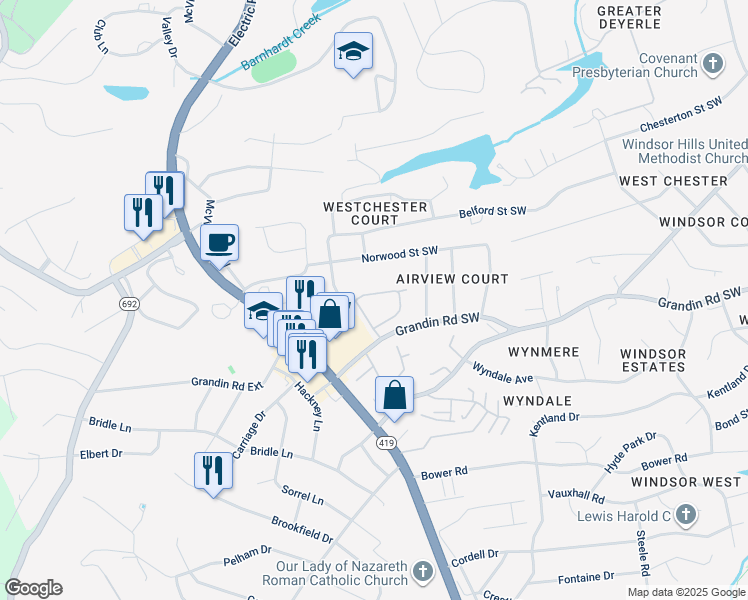 map of restaurants, bars, coffee shops, grocery stores, and more near 4730 Barclay Square in Roanoke