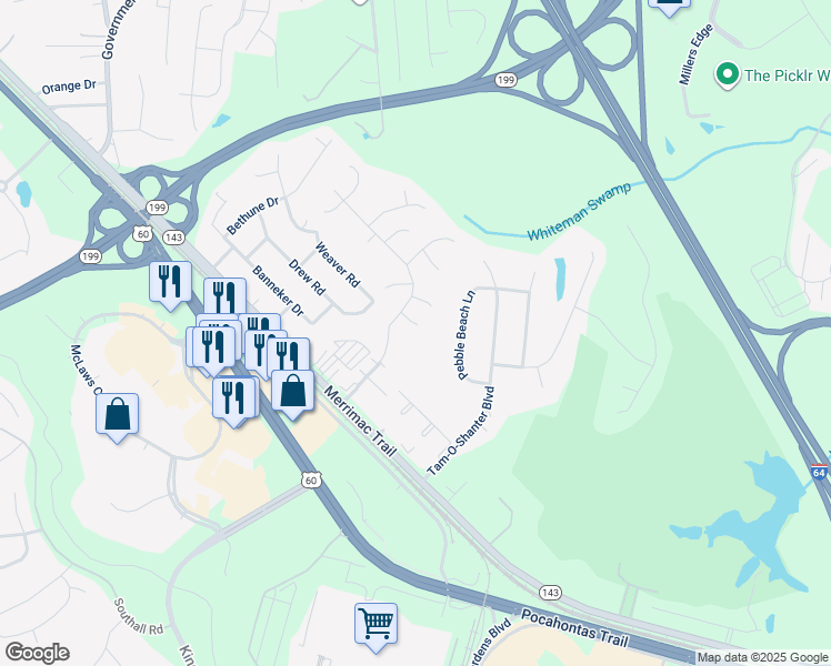 map of restaurants, bars, coffee shops, grocery stores, and more near 106 Lamplighter Place in Williamsburg