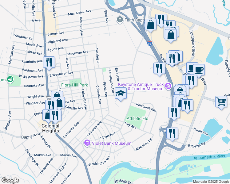 map of restaurants, bars, coffee shops, grocery stores, and more near 705 Kensington Avenue in Colonial Heights