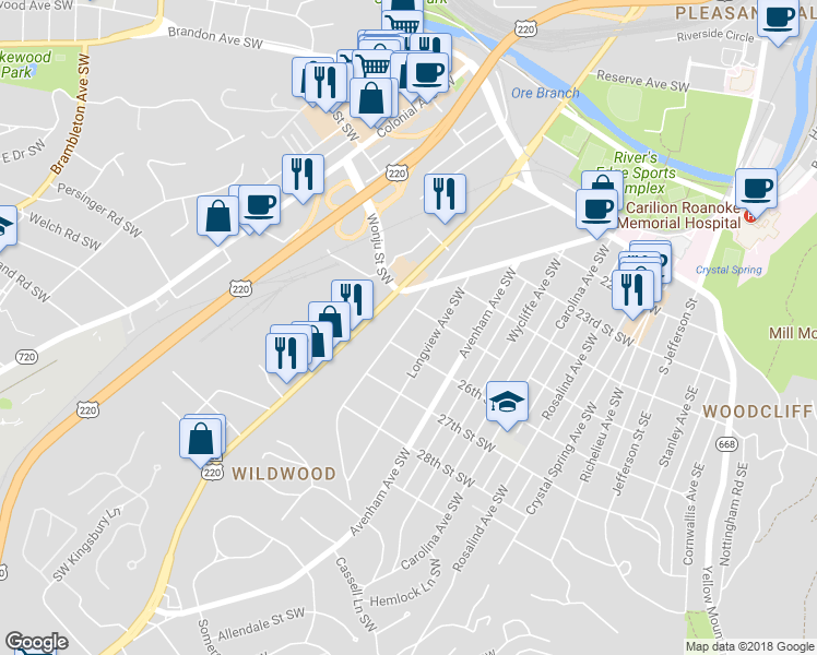 map of restaurants, bars, coffee shops, grocery stores, and more near 2518 Stephenson Avenue Southwest in Roanoke