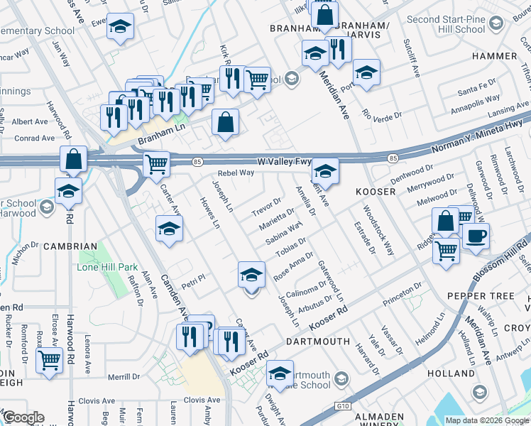map of restaurants, bars, coffee shops, grocery stores, and more near 1582 Trevor Drive in San Jose