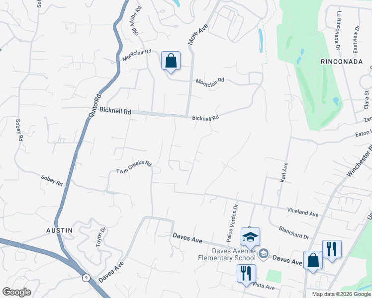 map of restaurants, bars, coffee shops, grocery stores, and more near 18218 Gregory Place in Monte Sereno