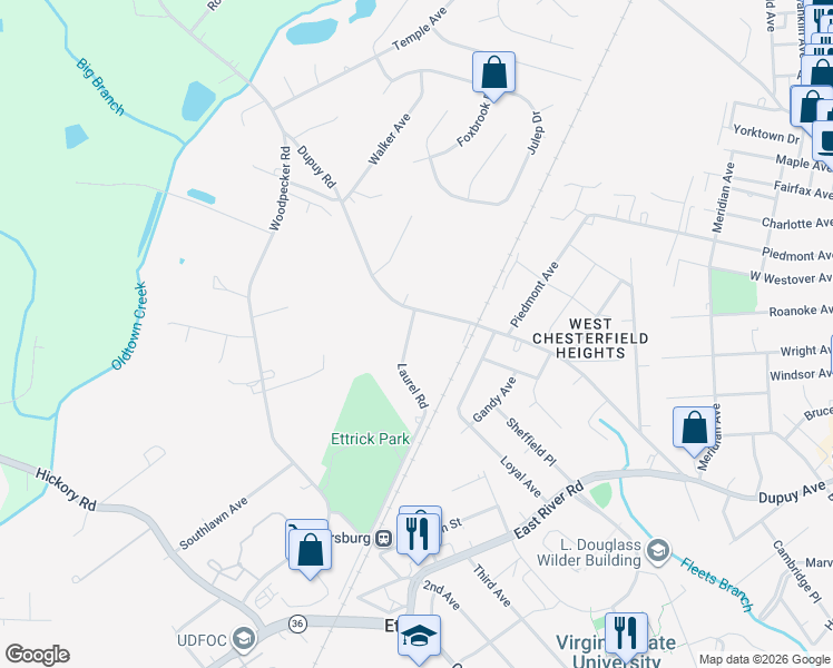 map of restaurants, bars, coffee shops, grocery stores, and more near 20111 Laurel Road in Petersburg
