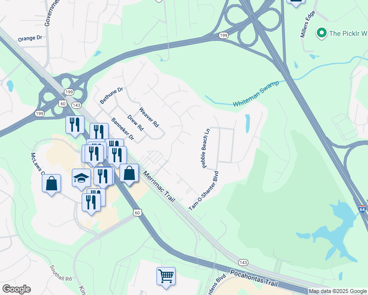 map of restaurants, bars, coffee shops, grocery stores, and more near 106 Lamplighter Place in Williamsburg