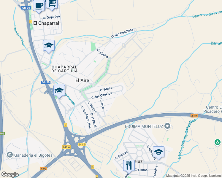 map of restaurants, bars, coffee shops, grocery stores, and more near 38 Calle Abeto in Albolote