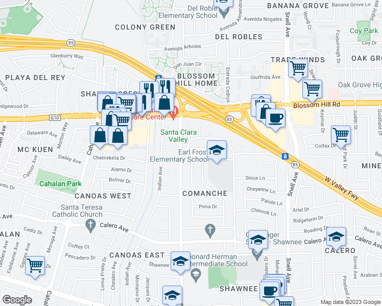 map of restaurants, bars, coffee shops, grocery stores, and more near 576 Canton Drive in San Jose