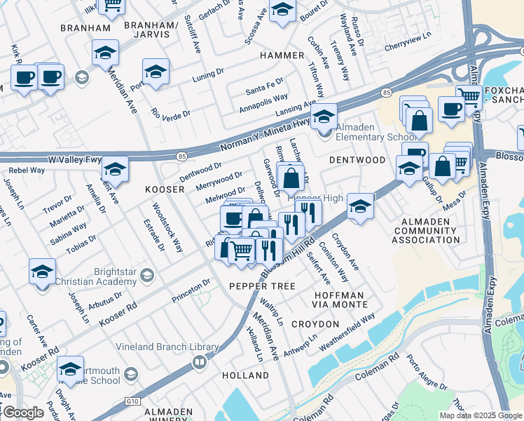 map of restaurants, bars, coffee shops, grocery stores, and more near 1361 Ridgewood Drive in San Jose