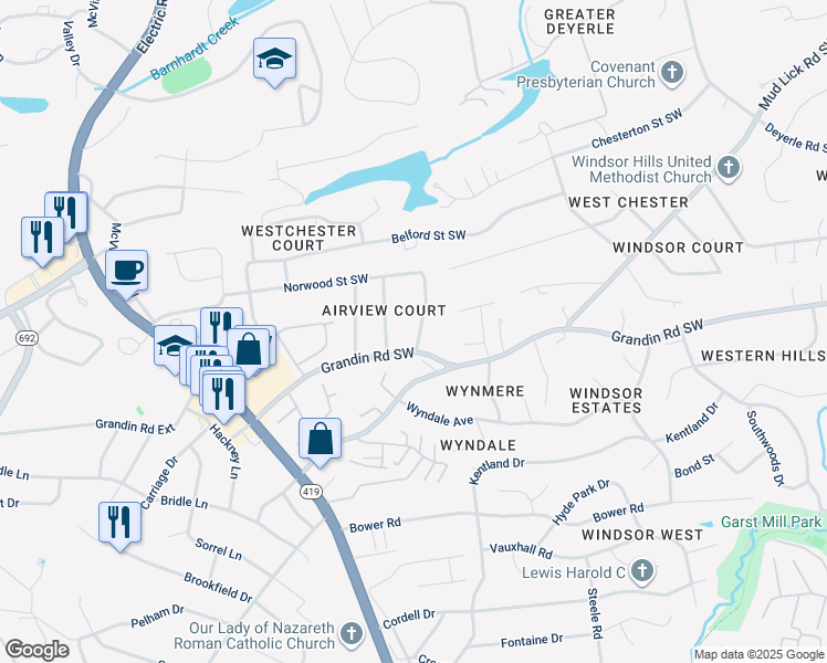 map of restaurants, bars, coffee shops, grocery stores, and more near 1955 Hope Road Southwest in Roanoke