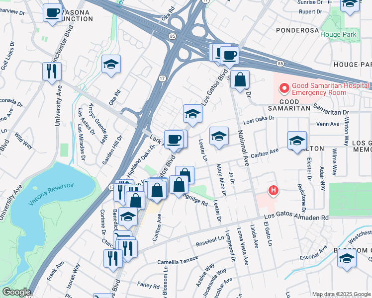 map of restaurants, bars, coffee shops, grocery stores, and more near 15166 Los Gatos Boulevard in Los Gatos