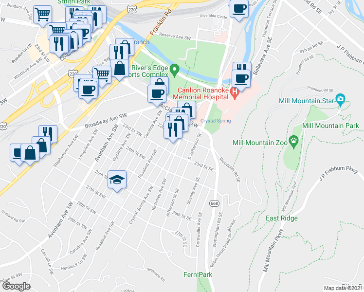 map of restaurants, bars, coffee shops, grocery stores, and more near 2212 Richelieu Avenue Southwest in Roanoke