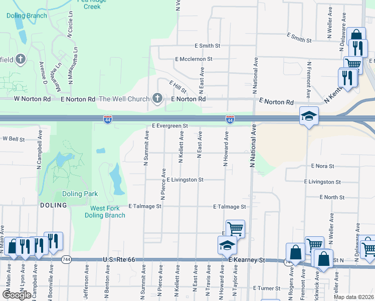 map of restaurants, bars, coffee shops, grocery stores, and more near 901 East Kerr Street in Springfield