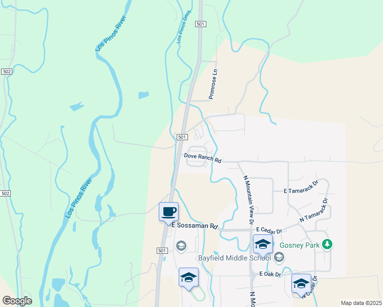 map of restaurants, bars, coffee shops, grocery stores, and more near 201 Dove Ranch Road in Bayfield