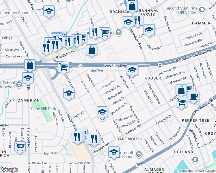 map of restaurants, bars, coffee shops, grocery stores, and more near 1582 Trevor Drive in San Jose