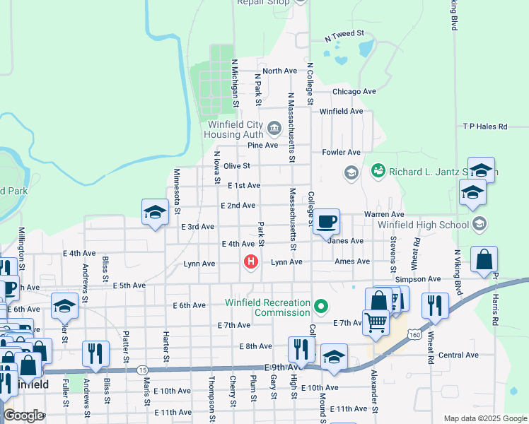 map of restaurants, bars, coffee shops, grocery stores, and more near 204 Park Street in Winfield
