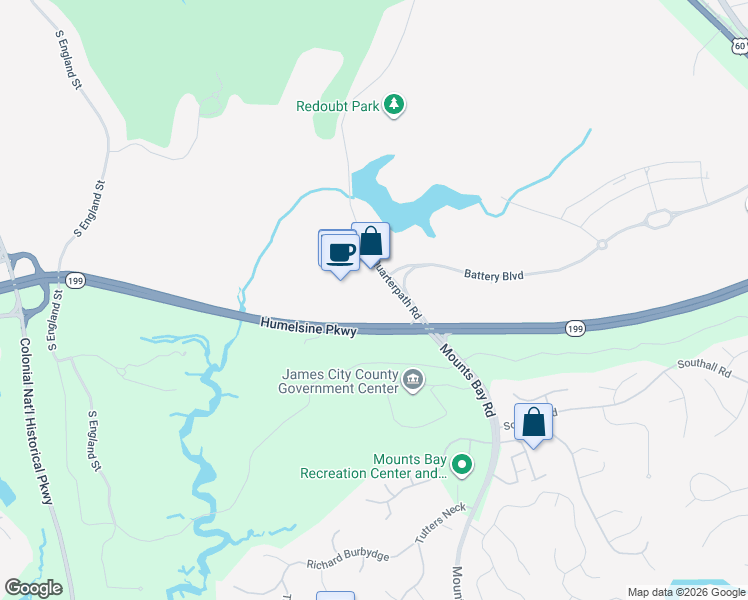 map of restaurants, bars, coffee shops, grocery stores, and more near 1520 Quarterpath Road in Williamsburg