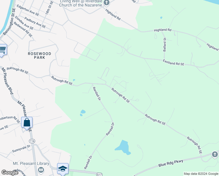 map of restaurants, bars, coffee shops, grocery stores, and more near 2471 Rutrough Road Southeast in Roanoke