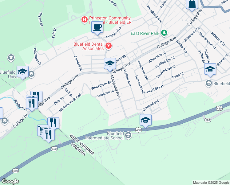 map of restaurants, bars, coffee shops, grocery stores, and more near 1301 Lebanon Street in Bluefield